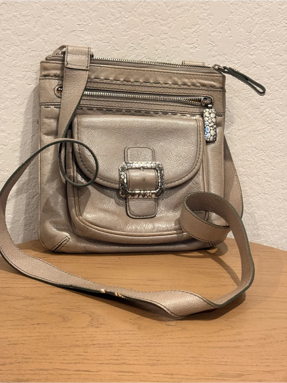 Brighton Metallic Taupe Crossbody with‎ Front Buckle Accent